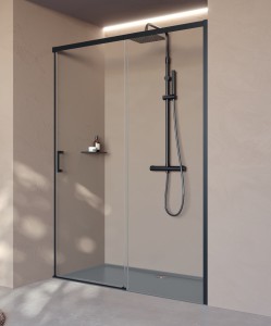 Novellini CLICK PH drzwi przesuwne do wnęki lub do połączenia ze ścianką boczną rozmiar 150 cm profil czarny mat